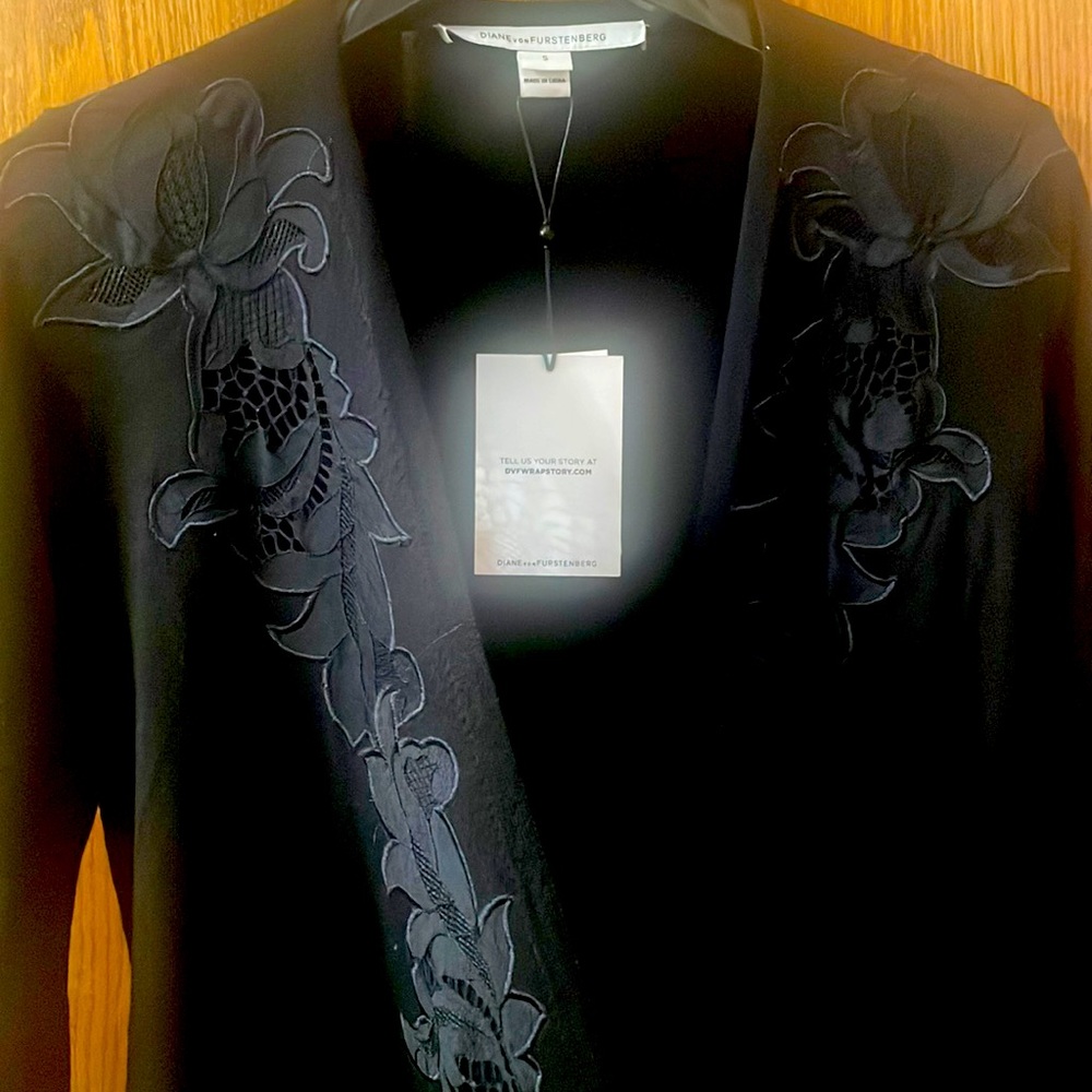 Black long sleeve cashmere dress with lace detail border